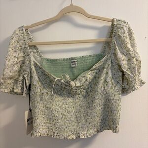 Sunday Best GreenFloral Smocked Puff-Sleeve Crop Top - Aritzia